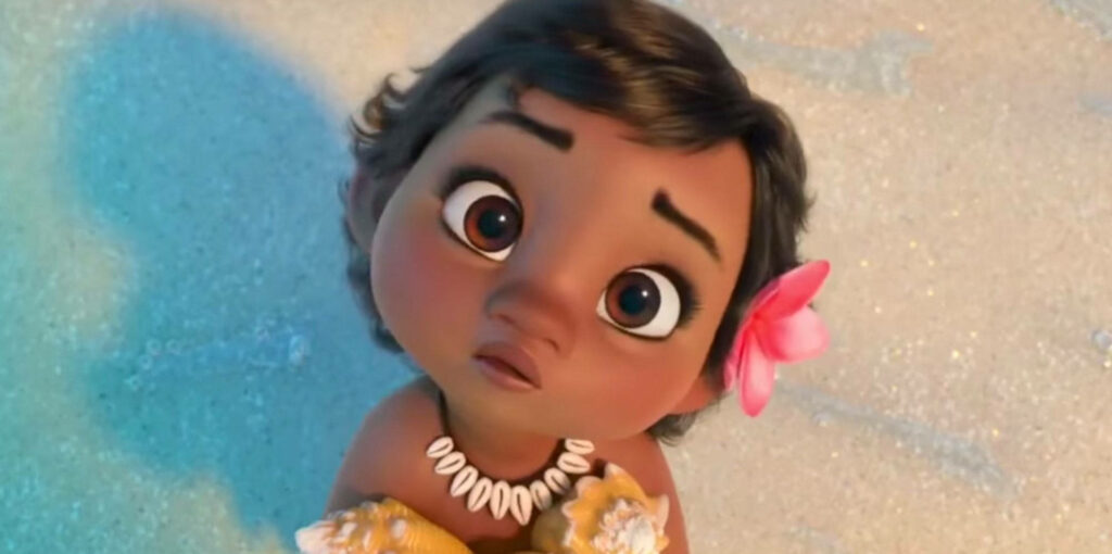 Baby Moana Wallpaper: Adorable Scene with Shells & Pink Flower