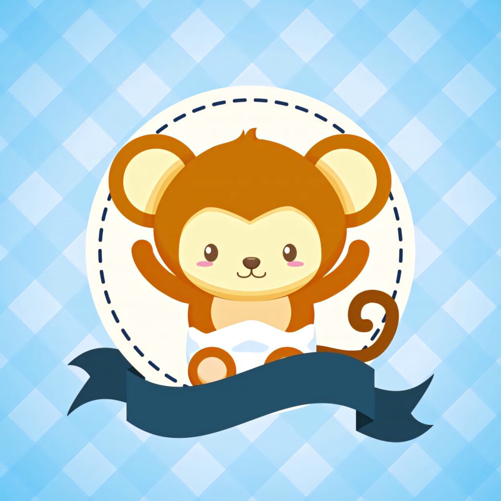 Playful Baby Monkey Wallpaper: Joyful Blue Checkered Design