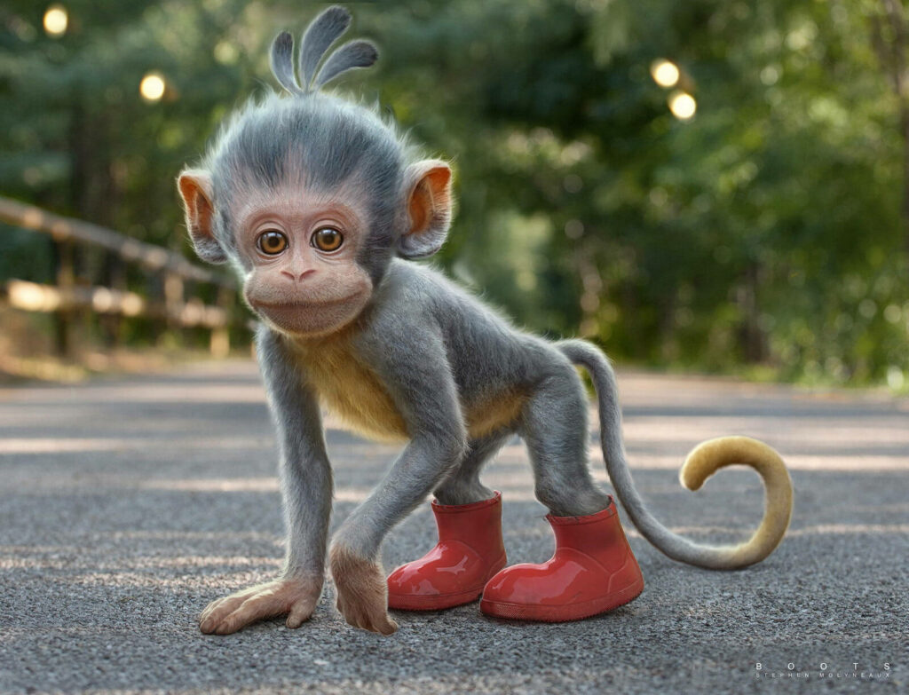 Adorable Baby Monkey in Red Boots Surrounded by Lush Greenery Wallpaper