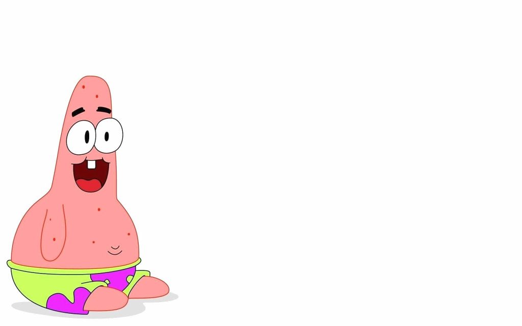 Cute baby Patrick Star wallpaper with one-tooth grin in green trunks on white background