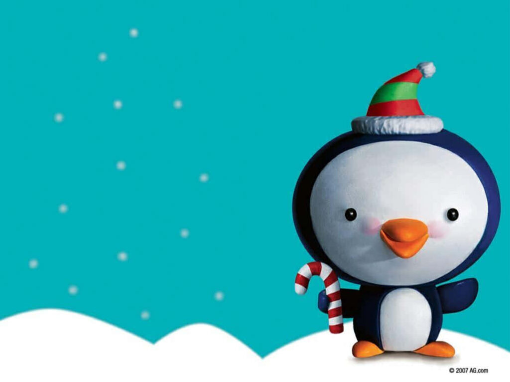 Festive Baby Penguin with Candy Cane in Cheerful Snowy Background Wallpaper