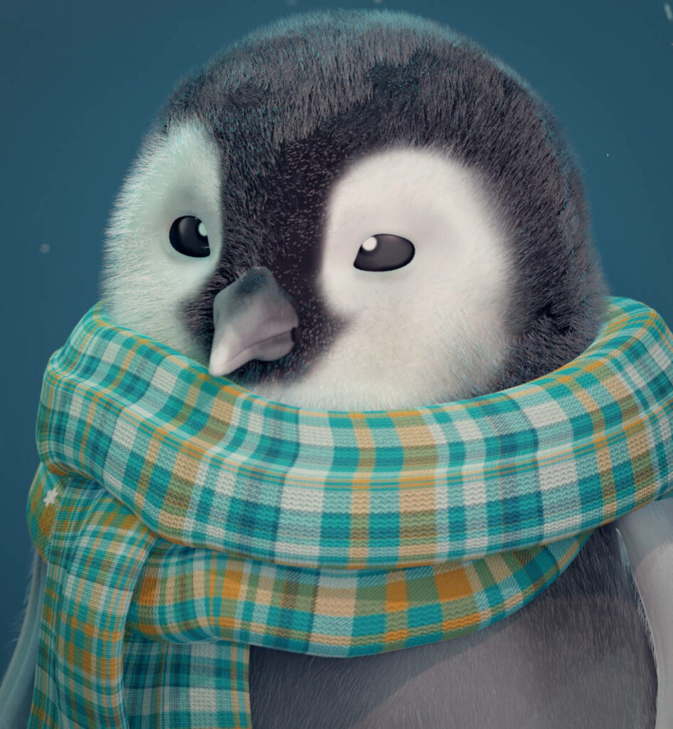 Adorable Baby Penguin in Colorful Scarf - Soft Blue Background Art Wallpaper