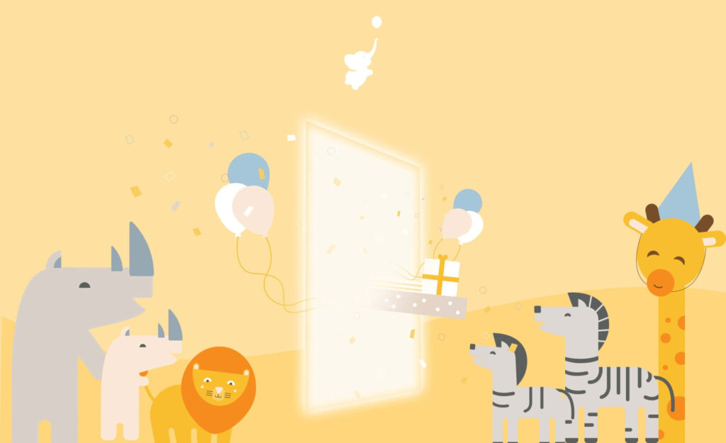 Festive Baby Shower Zoom Background with Cute Animals & Balloons Wallpaper
