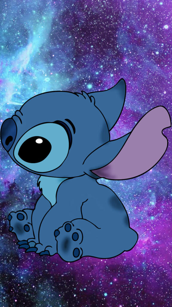 Adorable Blue Cartoon Character on Vibrant Galaxy Wallpaper
