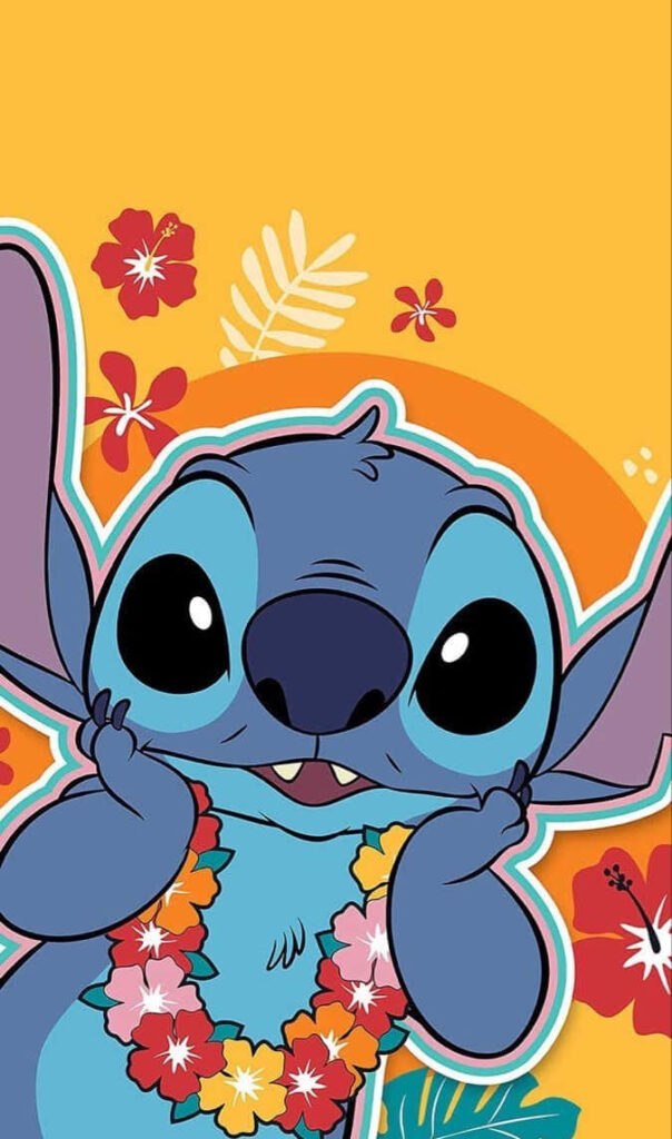 Adorable Blue Character with Floral Lei | Cheerful Hawaiian Wallpaper