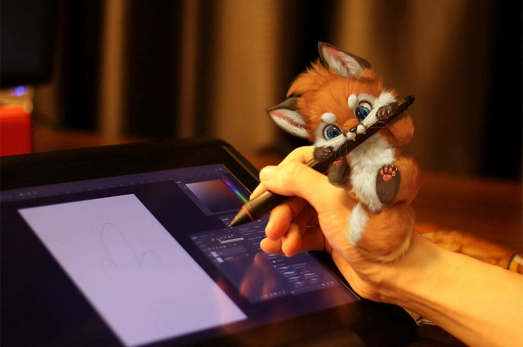 Charming Blue-Eyed Baby Fox Plays with Digital Tablet on Hand Wallpaper