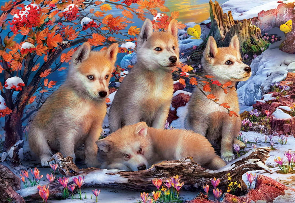 Whimsical Brown Wolf Pups Amid Colorful Autumn and Snowy Flowers Wallpaper