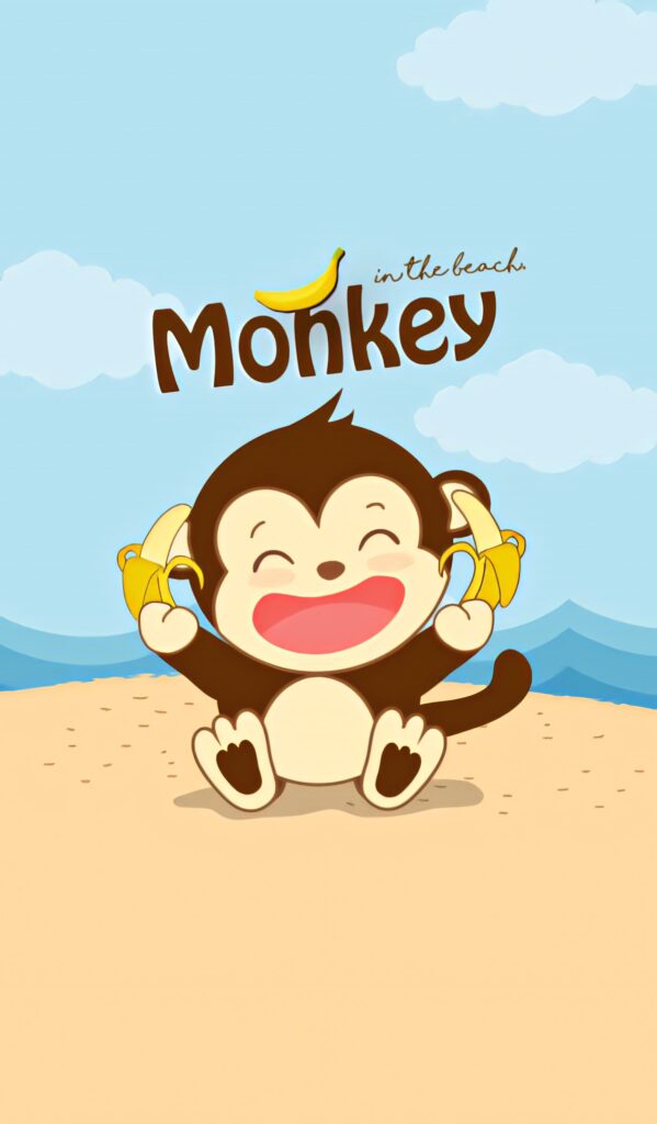 Cheerful Cartoon Baby Monkey with Bananas on Beach Wallpaper