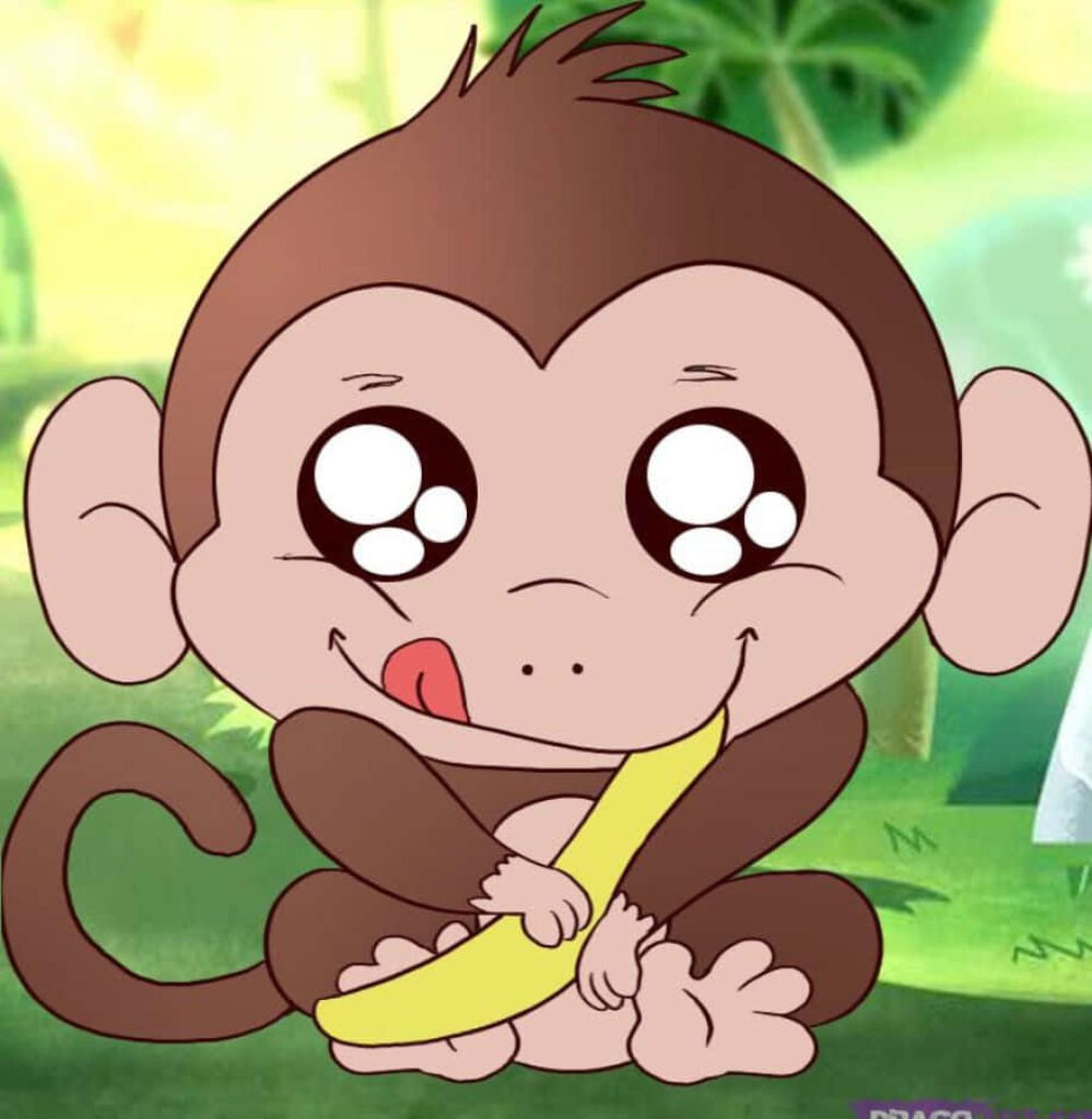 Adorable Cartoon Baby Monkey Holding Banana in Jungle Background Wallpaper
