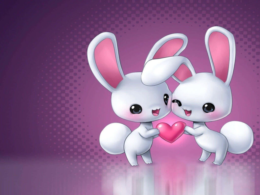 Adorable Cartoon Bunnies Sharing a Heart on Vibrant Purple Background Wallpaper