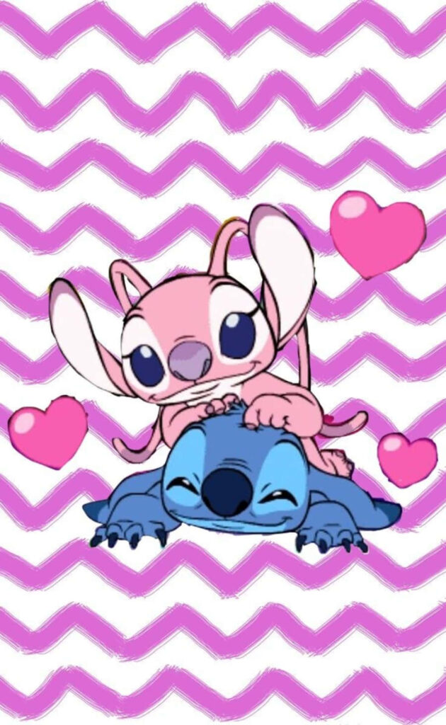 Charming Cartoon Characters Wallpaper with Hearts & Zigzag Design