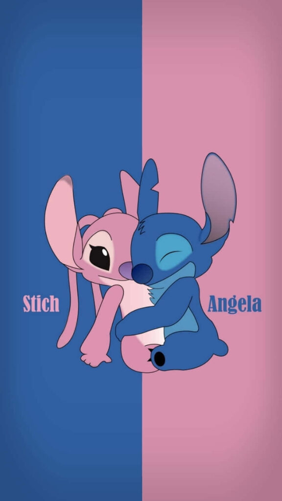 Adorable Cartoon Characters Hugging on Blue and Pink Background Wallpaper
