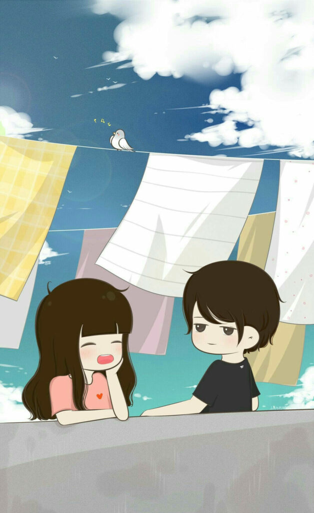 Charming Cartoon Duo Engage in Sun-Kissed Conversation Amidst Hanging Laundry Wallpaper