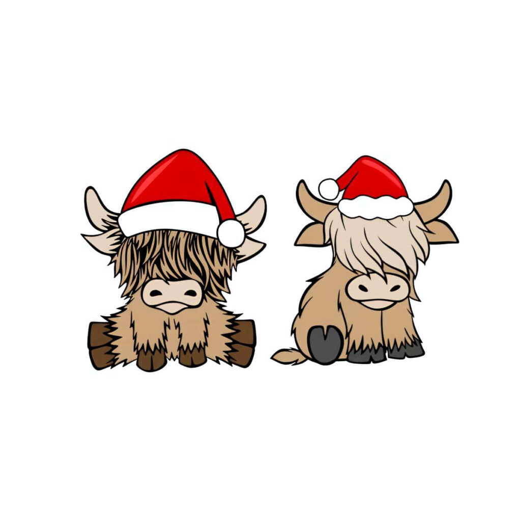 Festive Cartoon Cows in Santa Hats - Charming Holiday Wallpaper