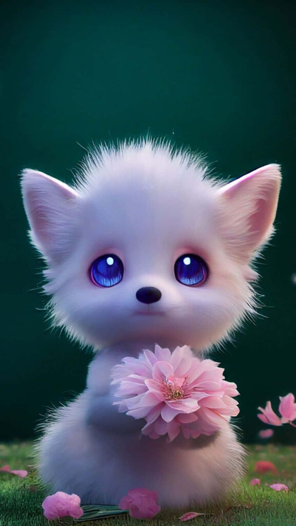 Charming Cartoon Dog Wallpaper: Fluffy Pup with Pink Flower & Green Background
