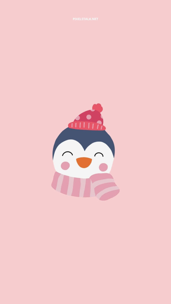 Cozy Cartoon Penguin Wallpaper: Pink Hat & Scarf on Soft Background