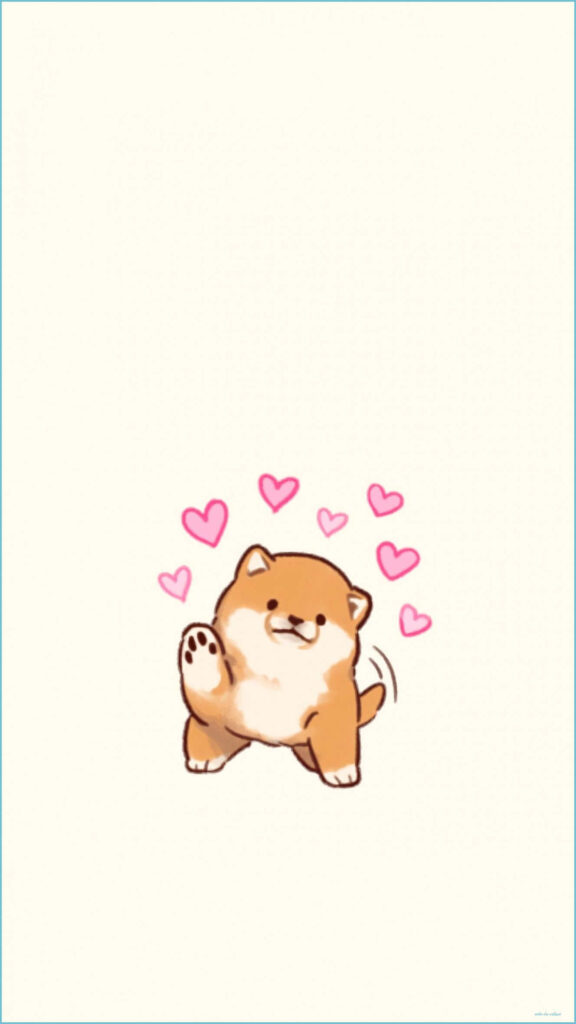 Adorable Cartoon Shiba Inu Waving with Pink Hearts - Cute Wallpaper