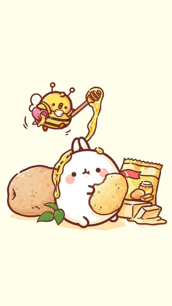 Charming Bunny & Bee Cartoon Wallpaper - Cute Honey Snack Delight!
