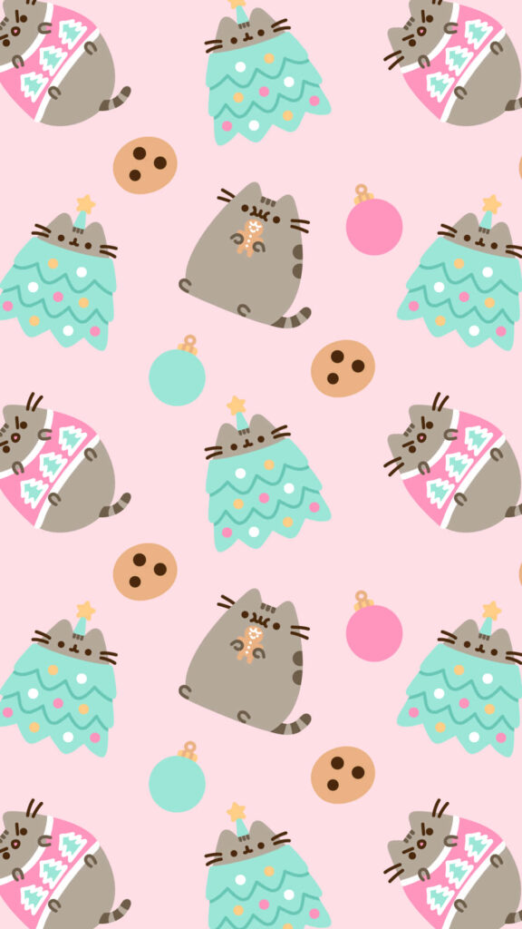 Whimsical Cat Christmas Wallpaper: Playful Trees & Pink Background