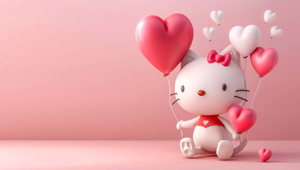 Charming Cat with Heart Balloons Wallpaper - Perfect for Valentine's Day