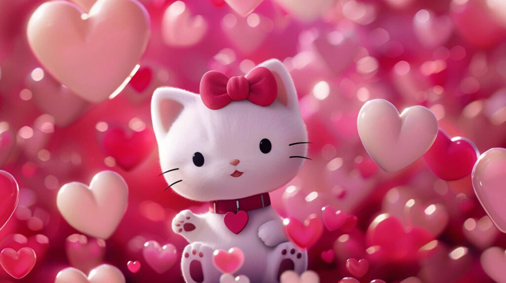 Adorable Cat with Bow in Heart-filled Romantic Wallpaper Background