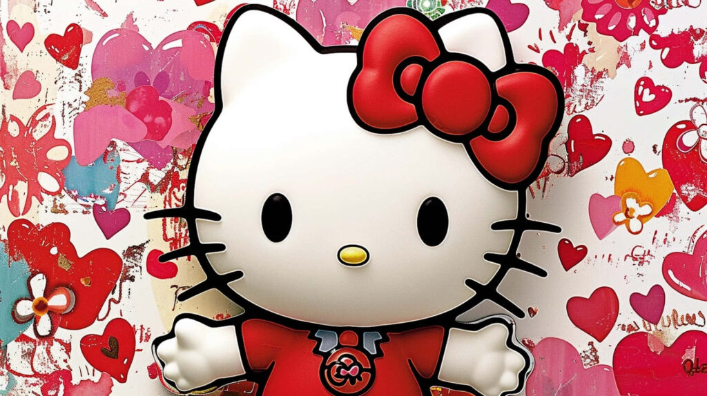 Adorable Cat Illustration with Red Bow & Heart Background for Valentine’s Wallpaper