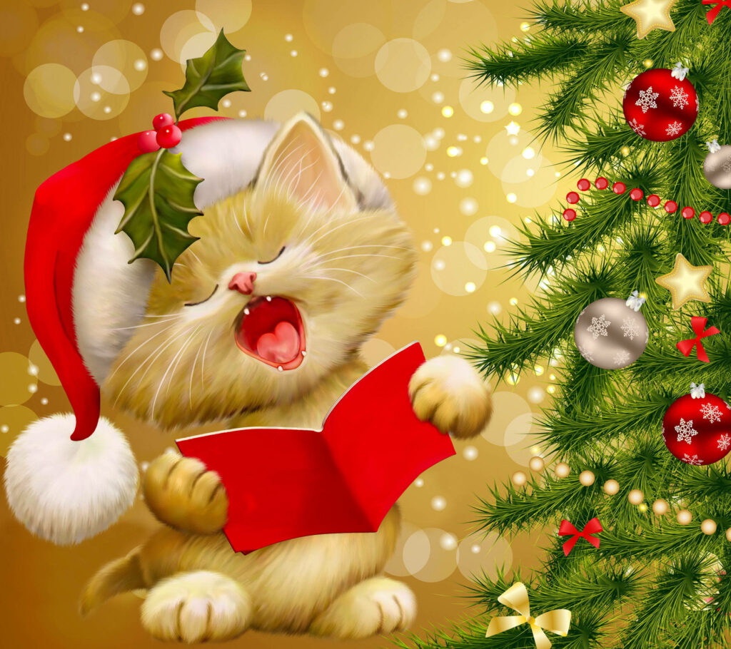 Adorable Cat in Santa Hat Sings by Festive Christmas Tree Wallpaper