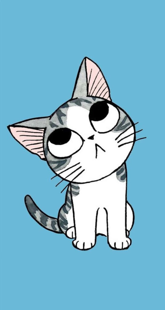 Adorable Chi Kitten Wallpaper: Cute Cartoon on Bright Blue Background