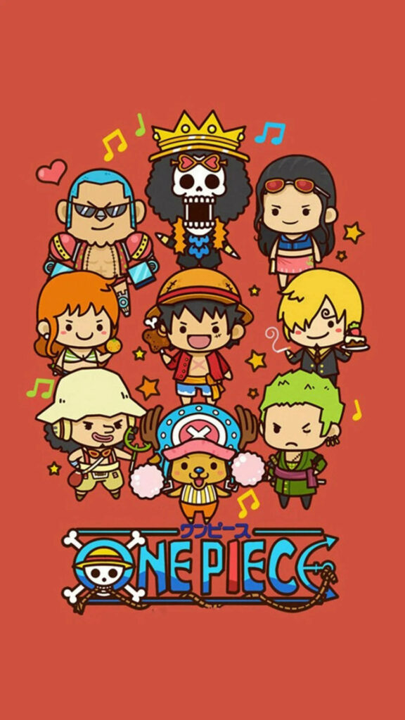 Cute and Playful One Piece Characters in Chibi Art Style: Eye-catching iPhone Wallpaper with Red Background