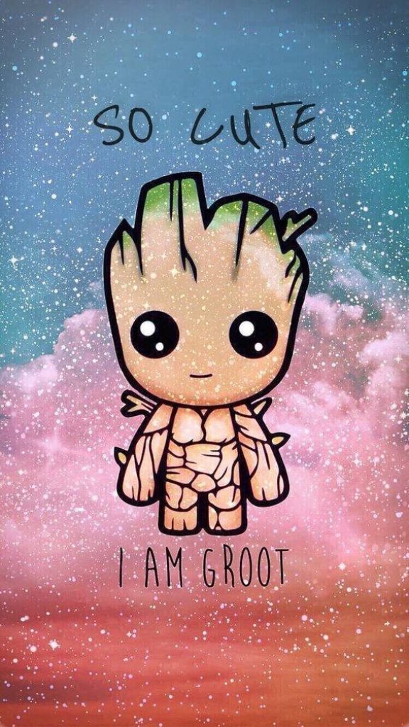 Chibi Baby Groot digital art on pastel pink and blue nebula background with cute text overlays Wallpaper