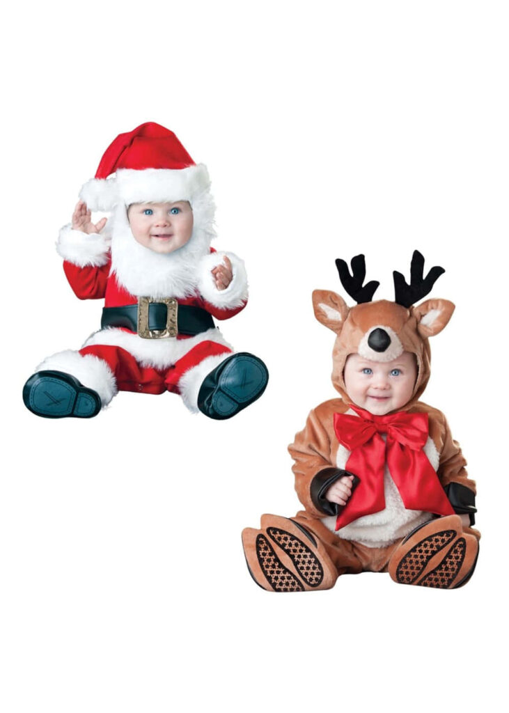 Adorable Christmas Babies: Santa and Reindeer Wallpaper Background
