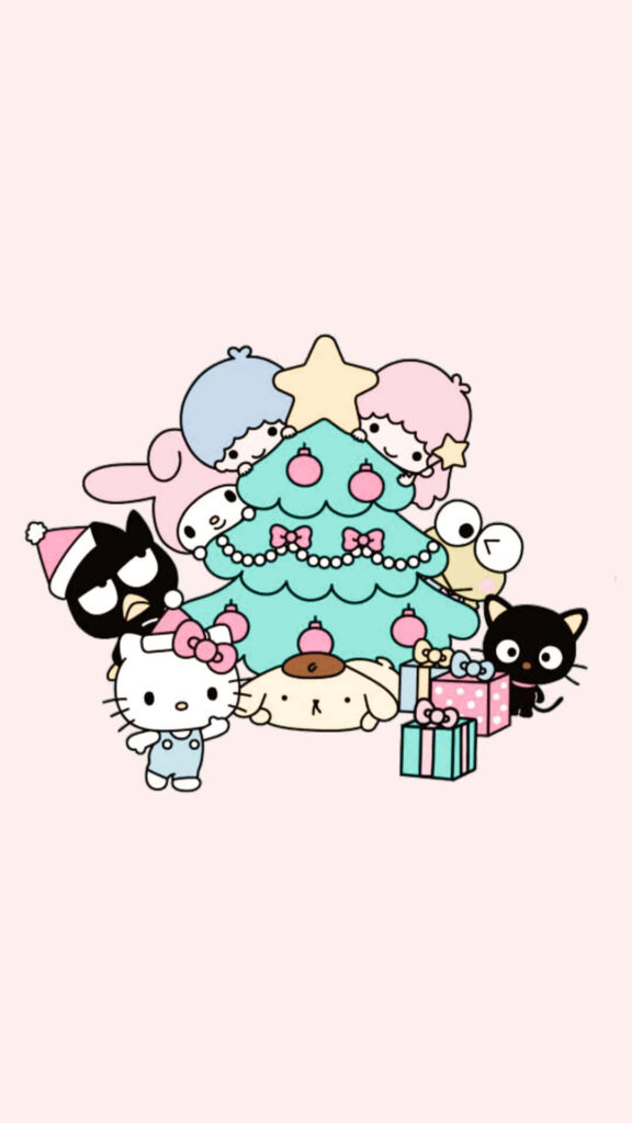 Festive Holiday Wallpaper: Adorable Characters by a Christmas Tree