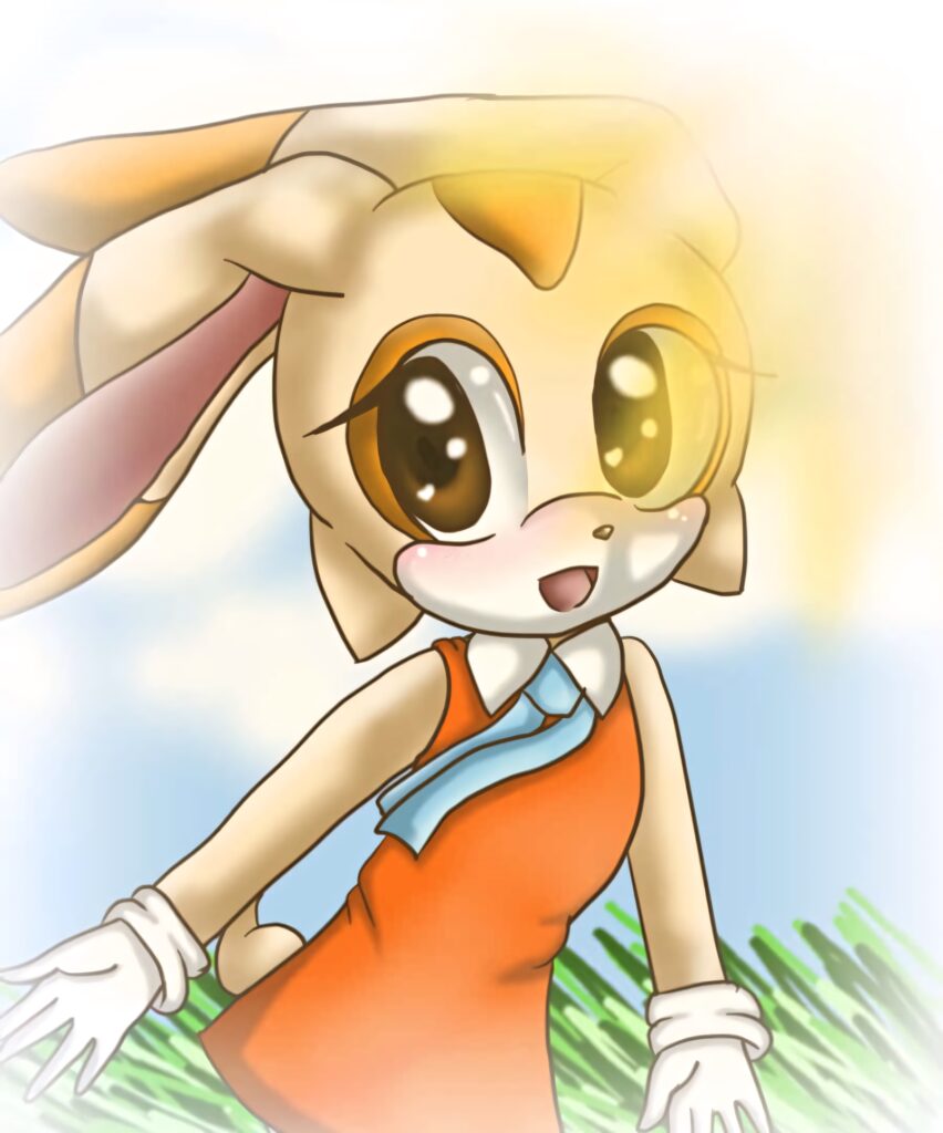 Adorable Cream the Rabbit smiling in pastel colors with orange dress and blue scarf wallpaper