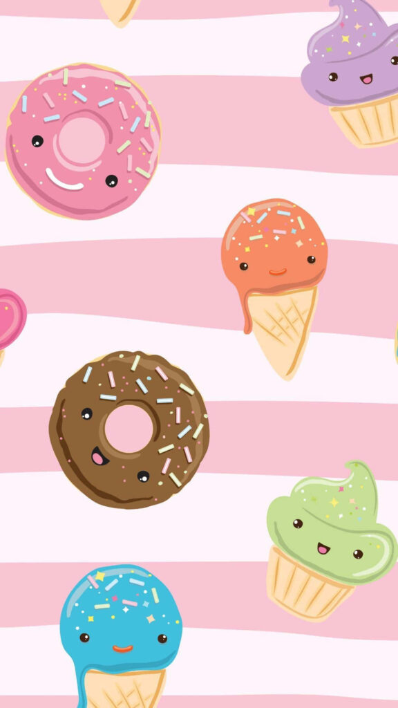 Cheerful Donuts & Ice Cream iPhone Wallpaper on Pink Stripes