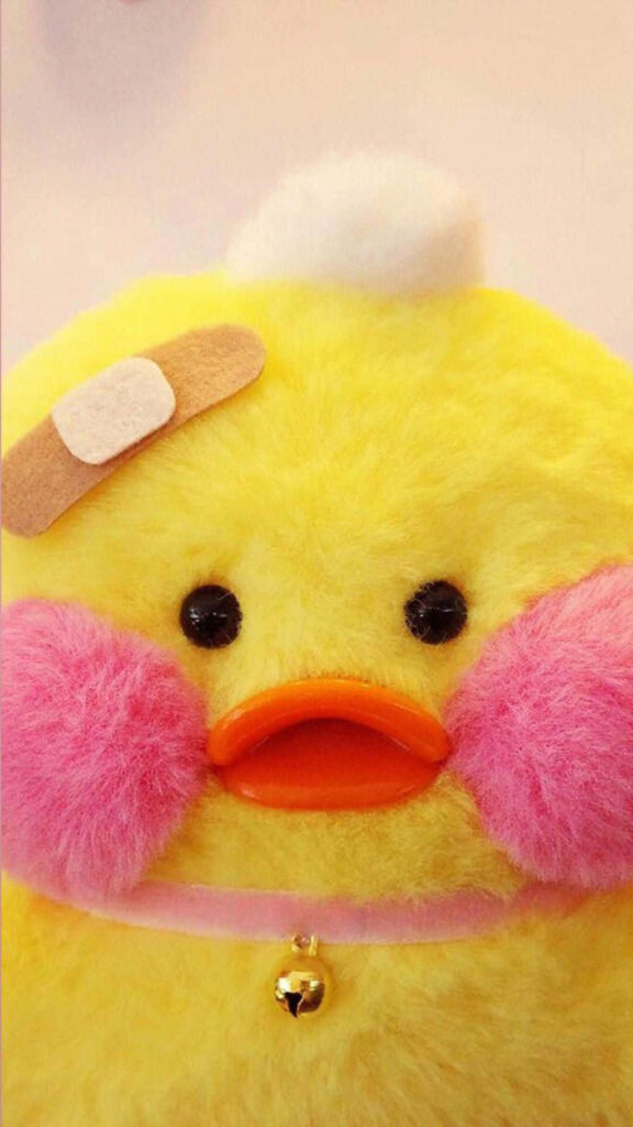 Adorable Duckling Wallpaper: Fluffy Yellow Cutie with Bell & Bandage