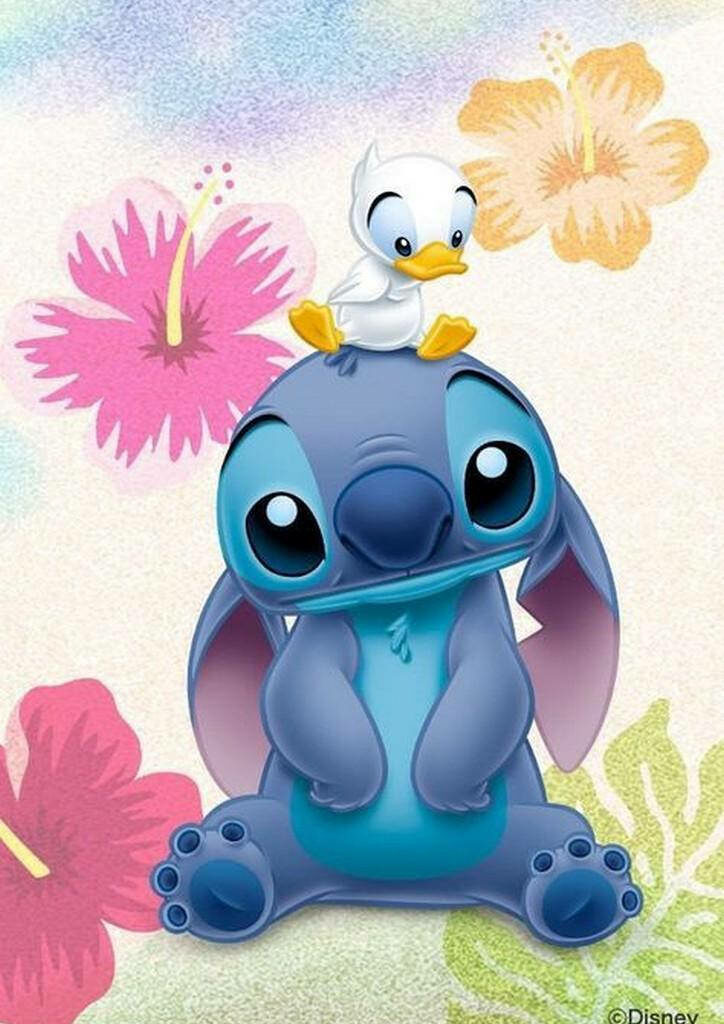 3D Duckling on Stitch Wallpaper: Colorful Floral Background