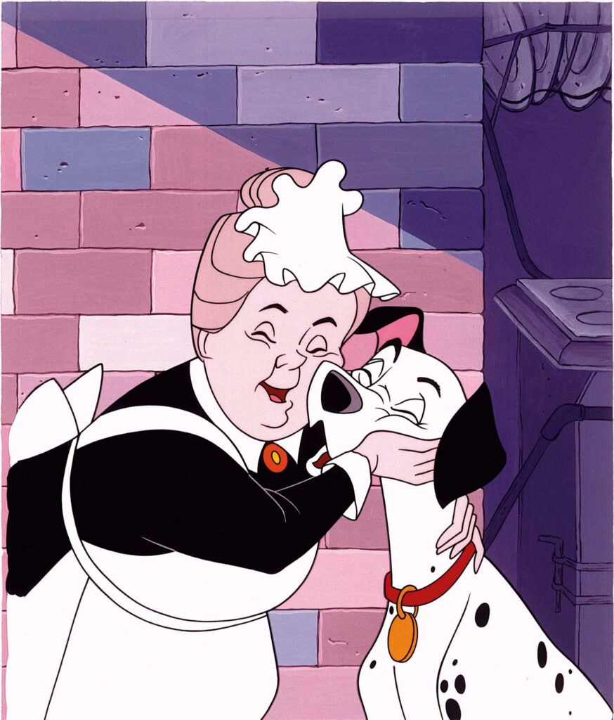 Furry friends bonding in a cozy kitchen setting: The Nanny and Pongo share an adorable cheek rub in 101 Dalmatians animated movie! Wallpaper