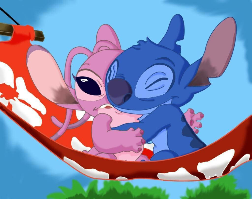 Adorable Disney Duo Cuddling on Hammock - Delightful Lilo & Stitch The Series Scene Wallpaper