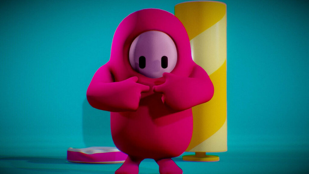 Playfully Bashful Fall Guys Character in Vibrant 3D Game Setting Wallpaper