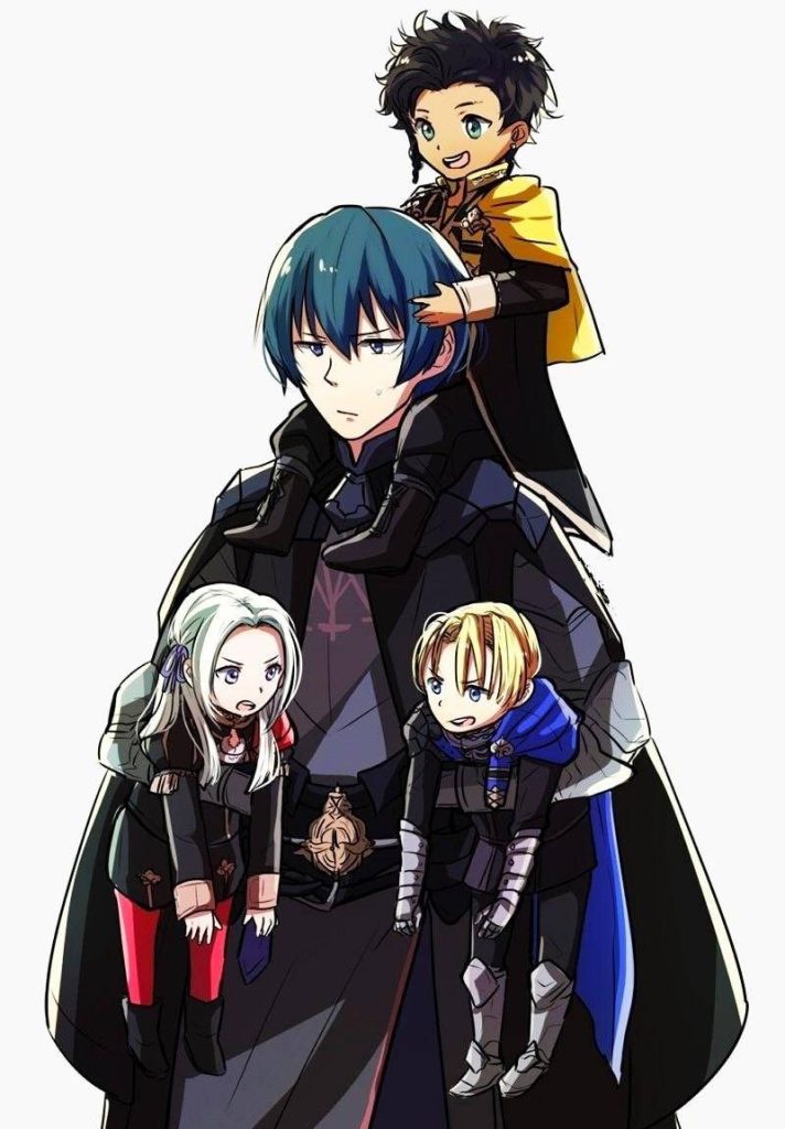 Fire Emblem Three Houses wallpaper with professor Byleth carrying chibi Edelgard Dimitri Claude