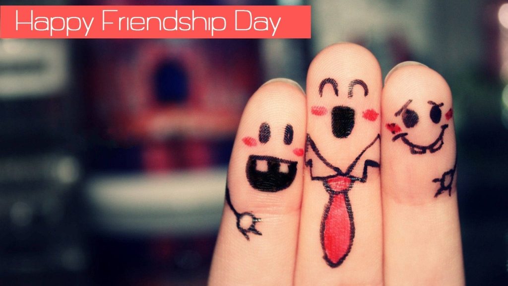 Friendship Day wallpaper with three fingers showing joyful hand-drawn faces and a tie close-up