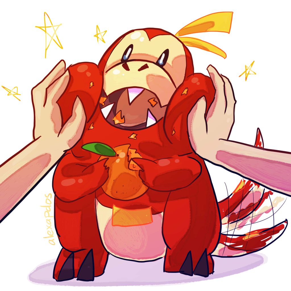 Cute Fuecoco Pokémon joyfully snacking on fruit with hands squishing its cheeks vibrant wallpaper