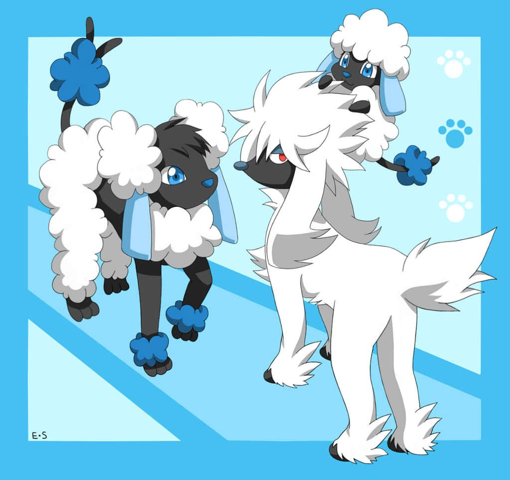 Anime-style digital illustration of two fluffy Furfrou with paw print background wallpaper