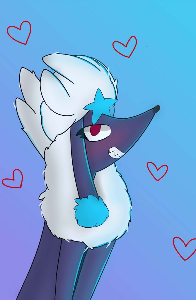 Digital art of Pokémon Furfrou Star Trim with dark fur white mane on blue background with hearts Wallpaper