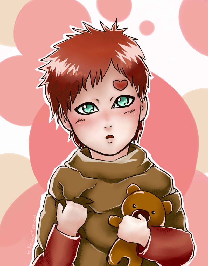 Digital illustration of blushing Gaara from Naruto holding teddy bear pastel background wallpaper
