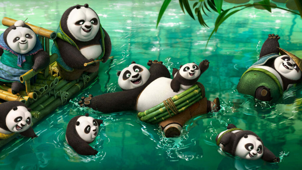 Adorable Giant Pandas Swimming in a Vibrant Turquoise River Wallpaper