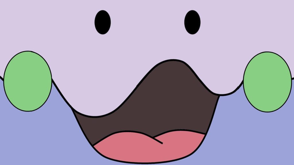 Close-up minimalist Goomy Pokémon face with green cheeks and lavender head vector art wallpaper