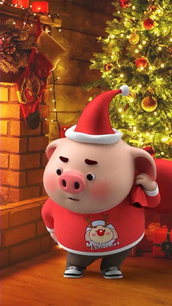 Festive Pig in Santa Hat with Christmas Tree & Fireplace Wallpaper