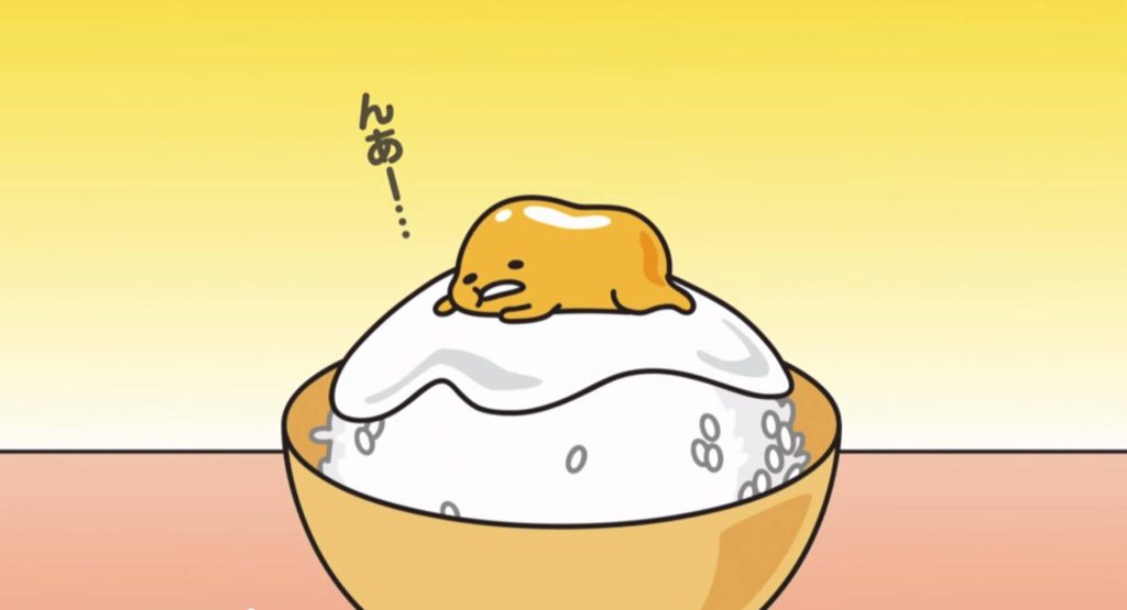Gudetama lazy egg lounging on white rice cute anime wallpaper soft yellow background desktop