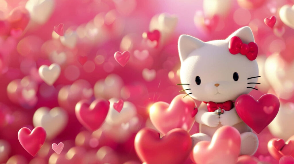 Dreamy Pink & Red Heart Wallpaper with Cute Character